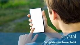  Presentation with nature design - Colorful PPT layouts enhanced with boy-holding-the-black-smartphone backdrop and a ocean colored foreground