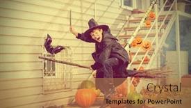  Presentation with magic wand - PPT layouts consisting of boy in a costume of wizard flying on a broom with his magic wand trick or treat halloween celebration background and a coral colored foreground