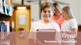  Presentation with books on bookshelf in library - Cool new slide set with boy in library choosing books backdrop and a  colored foreground