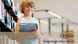  Presentation with researching from books or library - PPT theme having boy in library choosing books background and a  colored foreground