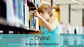  Presentation with researching from books or library - Amazing presentation theme having boy in library choosing books backdrop and a  colored foreground