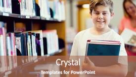  Presentation with researching from books or library - Presentation theme consisting of boy in library choosing books background and a  colored foreground