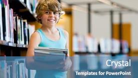  Presentation with library - Beautiful slide set featuring boy in library choosing books backdrop and a  colored foreground