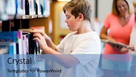  Presentation with library - Audience pleasing slide set consisting of boy in library choosing books backdrop and a  colored foreground