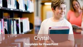  Presentation with researching from books or library - Slide set featuring boy in library choosing books background and a  colored foreground