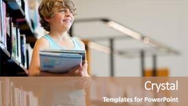  Presentation with researching from books or library - Slide set having boy in library choosing books background and a  colored foreground