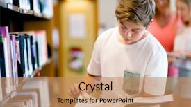  Presentation with books on bookshelf in library - Beautiful slide set featuring boy in library choosing books backdrop and a  colored foreground