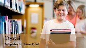  Presentation with books on bookshelf in library - Audience pleasing PPT layouts consisting of boy in library choosing books backdrop and a  colored foreground