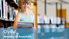  Presentation with library - PPT theme enhanced with boy in library choosing books background and a  colored foreground