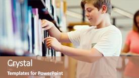  Presentation with books on bookshelf in library - Slide set consisting of boy in library choosing books background and a coral colored foreground