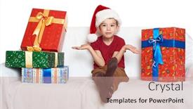  Presentation with christmas red - Beautiful PPT theme featuring boy in red santa helper hat with gift boxes make a wish - christmas holiday concept backdrop and a coral colored foreground