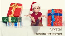  Presentation with christmas red - Slide set having boy in red santa helper hat with gift boxes - christmas holiday concept background and a cream colored foreground