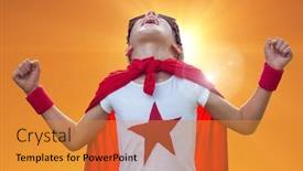  Presentation with joy - Presentation design with boy-in-superhero-costume-screaming background and a gold colored foreground