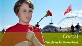  Presentation with hill - Presentation theme having boy in the red t-shirt with red pink in the hands stands on poklonnaya hill on victory day background and a tawny brown colored foreground
