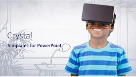  Presentation with virtual hand - Colorful presentation theme enhanced with boy in virtual reality headset against white hand drawn office backdrop and a sky blue colored foreground