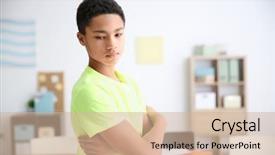  Presentation with school bullying - Theme with boy indoors bullying in school background and a soft green colored foreground