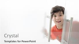  Presentation with crack glass - Audience pleasing slides consisting of boy-indoors-peeking-behind-glass backdrop and a white colored foreground