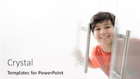  Presentation with glass - Cool new PPT theme with boy-indoors-peeking-behind-glass backdrop and a white colored foreground