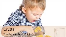  Presentation with cereal - Presentation theme enhanced with boy is eating cereal from a bowl isolated on a white background background and a lemonade colored foreground
