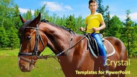  Presentation with horse riding - Audience pleasing slide set consisting of boy is riding a horse in the park sunny summer day backdrop and a tawny brown colored foreground