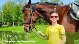  Presentation with horse riding - PPT theme featuring boy is riding a horse in the park sunny summer day background and a tawny brown colored foreground
