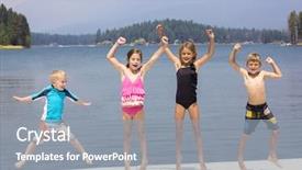  Presentation with summer camp diverse kids - Slides featuring boy jumping dock - kids having fun on their background and a gray colored foreground