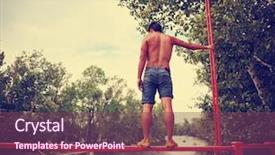  Presentation with train bridge - Amazing presentation design having boy jumping of an old backdrop and a violet colored foreground