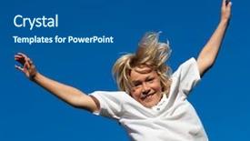  Presentation with young athletes box jumping - PPT theme with boy jumping on a trampoline background and a ocean colored foreground