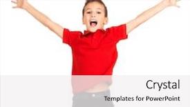  Presentation with kids jumping and lifting hand - Cool new presentation design with boy jumping with raised hand backdrop and a white colored foreground