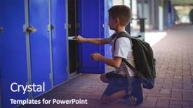  Presentation with tan book stack stacks of books - Audience pleasing PPT layouts consisting of boy keeping books in locker backdrop and a navy blue colored foreground
