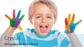  Presentation with colorful hand prints - Slide set enhanced with boy-laughing-with-hands-painted background and a light blue colored foreground