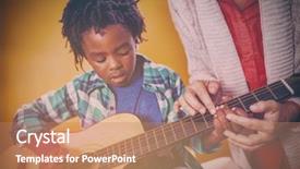  Presentation with learning - Audience pleasing presentation theme consisting of boy learning to play guitar backdrop and a coral colored foreground
