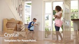  Presentation with home schooling - Colorful slide set enhanced with schools families - boy leaving home for school backdrop and a coral colored foreground