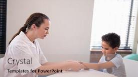  Presentation with female - Amazing PPT theme having boy looking while female therapist massaging wrist at table in hospital ward backdrop and a mint green colored foreground