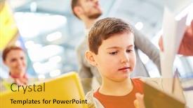  Presentation with departure - Beautiful PPT theme featuring boy-looks-in-his-passport backdrop and a yellow colored foreground
