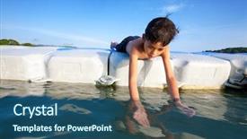  Presentation with prawn - Presentation theme having young boy lying on floating platform in sea trying to catch small prawn background and a ocean colored foreground