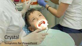  Presentation with orthodontics orthodontic model and dentist - Audience pleasing theme consisting of boy mouth orthodontist put braces backdrop and a coral colored foreground