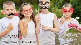  Presentation with five business people standing together and smiling - Slide deck having morning view of berlin cathedral background and a tawny brown colored foreground