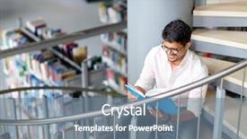  Presentation with book stairs - Slide deck consisting of boy or young man reading background and a seafoam green colored foreground