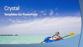  Presentation with rubber - Audience pleasing presentation theme consisting of boy paddling a small rubber raft or dingy near a tropical beach backdrop and a cobalt blue colored foreground