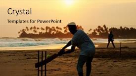  Presentation with tropical beach sunset - Audience pleasing presentation design consisting of boy playing cricket at sunset backdrop and a blonde colored foreground