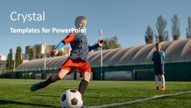  Presentation with football field - Presentation design having boy-playing-football-on-field background and a teal colored foreground