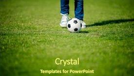  Presentation with green soccer field sport - PPT theme having boy playing football teenager's background and a tawny brown colored foreground