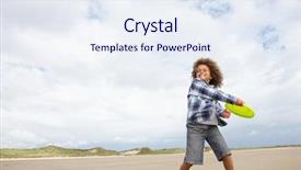  Presentation with frisbee - Cool new PPT layouts with happy african american children running - boy playing frisbee on beach backdrop and a sky blue colored foreground