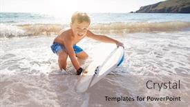  Presentation with sea - Cool new slides with boy-playing-in-sea backdrop and a light gray colored foreground