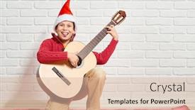  Presentation with red brick wall - Theme enhanced with boy playing music on guitar dressed in a red woolen sweater and santa hat sitting on a red checkered blanket white brick wall on background background and a lemonade colored foreground