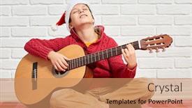  Presentation with red brick wall - Slide deck consisting of boy playing music on guitar dressed in a red woolen sweater and santa hat sitting on a red checkered blanket white brick wall on background background and a coral colored foreground