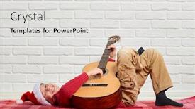  Presentation with red brick wall - Theme having boy playing music on guitar dressed in a red woolen sweater and santa hat sitting on a red checkered blanket white brick wall on background background and a light gray colored foreground