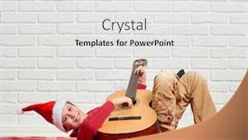  Presentation with red brick wall - Slide deck featuring boy playing music on guitar dressed in a red woolen sweater and santa hat sitting on a red checkered blanket white brick wall on background background and a white colored foreground