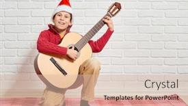  Presentation with red brick wall - Slide deck having boy playing music on guitar dressed in a red woolen sweater and santa hat sitting on a red checkered blanket white brick wall on background background and a lemonade colored foreground